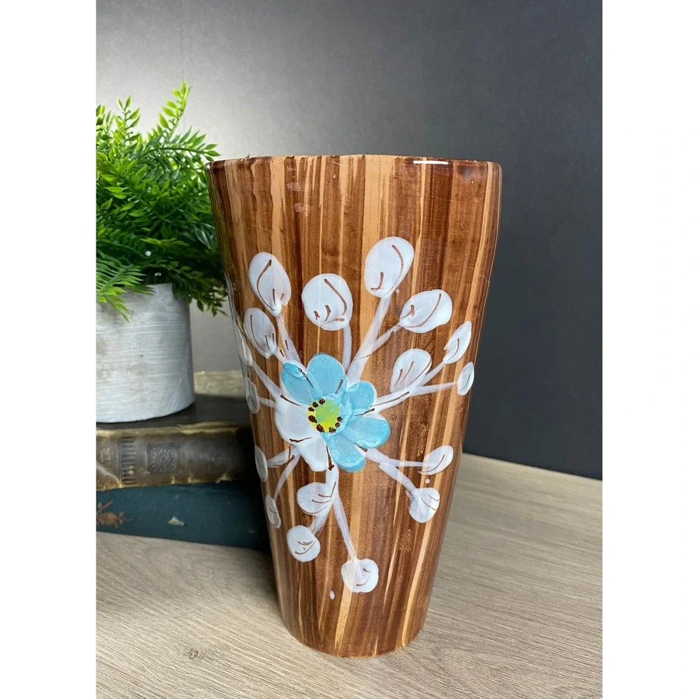 Italy Pottery Vase Wood Grain Glaze Blue Flower Relief‎ 8 Inch